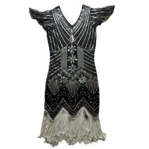 Fundaisy Women's Black Vintage 1920s Gatsby Flapper Sequin Midi Dress Size M